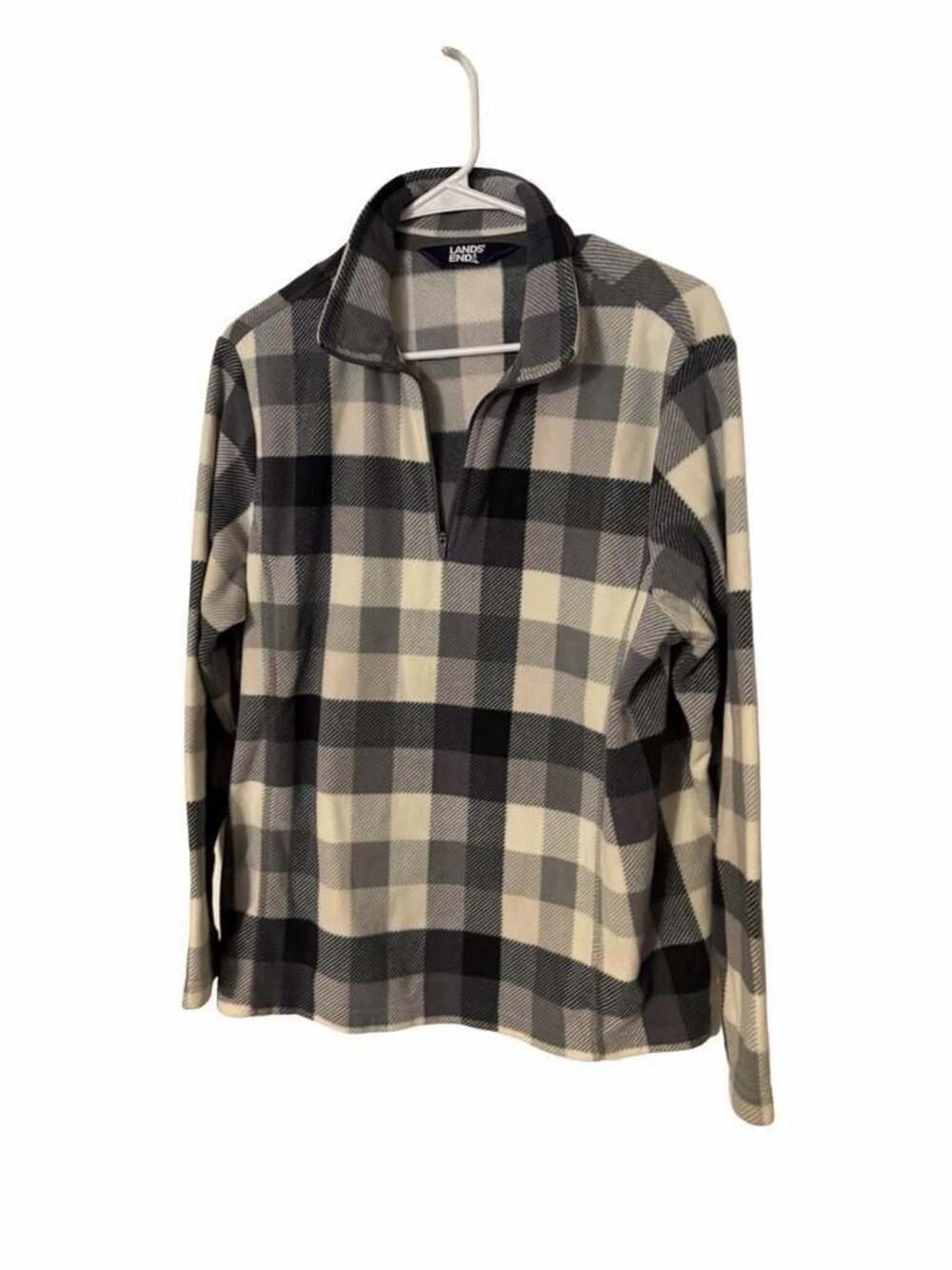 Lands' End Kid’s Black and White Plaid 1/2 Zip Fleece Pullover, Size XL